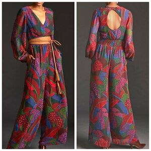 NWT Farm Rio Wide Leg Jumpsuit, Botanical Print, V-Neck, Back Cutout, Sz XS.